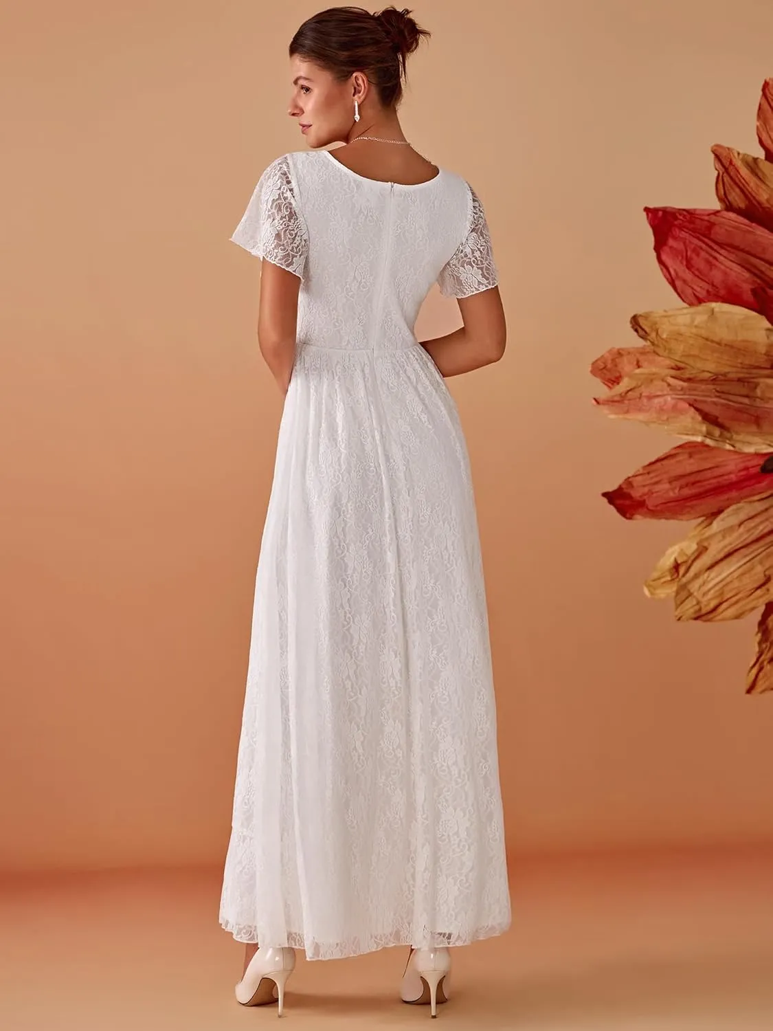 Ever-Pretty Women's Lace V Neck Ruffles Sleeves Pleated Empire Waist A-Line Maxi Formal Dresses 01489