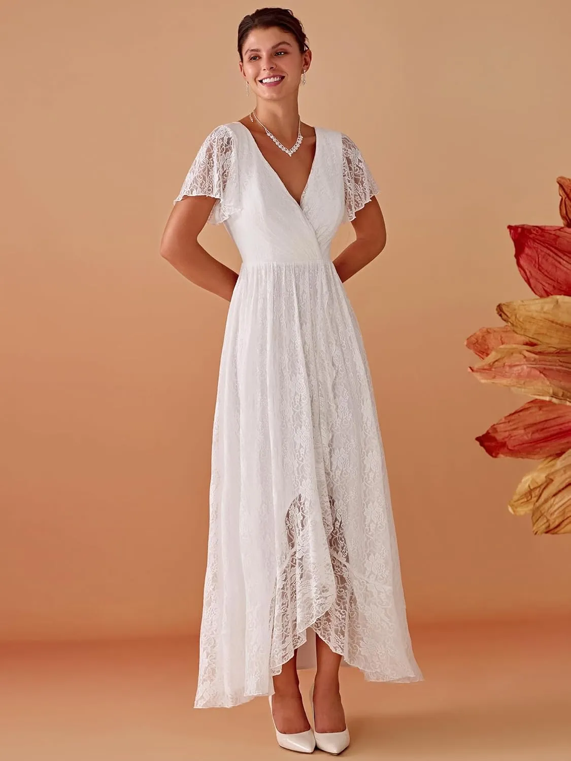Ever-Pretty Women's Lace V Neck Ruffles Sleeves Pleated Empire Waist A-Line Maxi Formal Dresses 01489