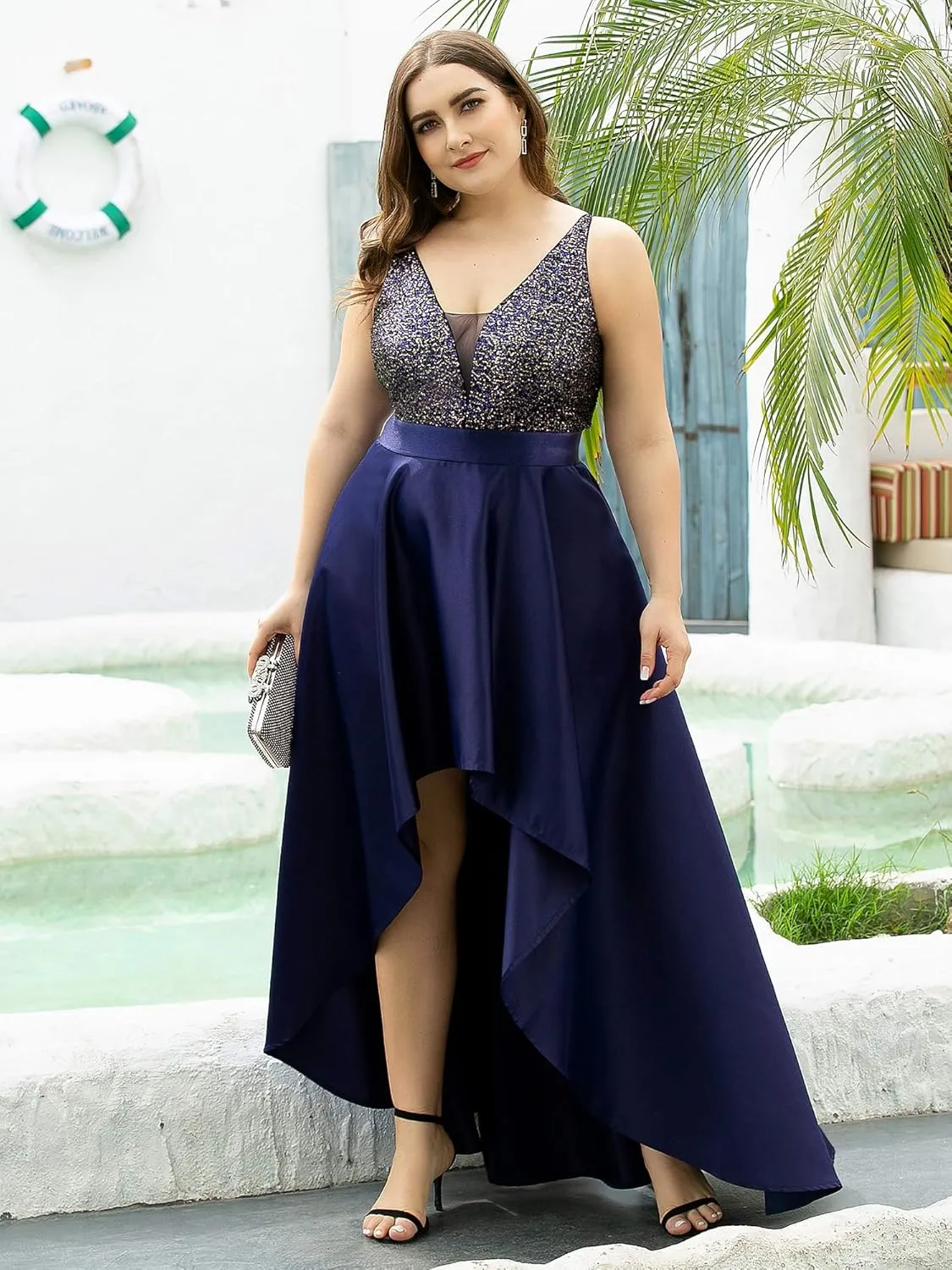 Ever-Pretty Women's Plus Size Sequin V-Neck High-Low A-line Evening Dress Prom Gowns 0667-PZUSA