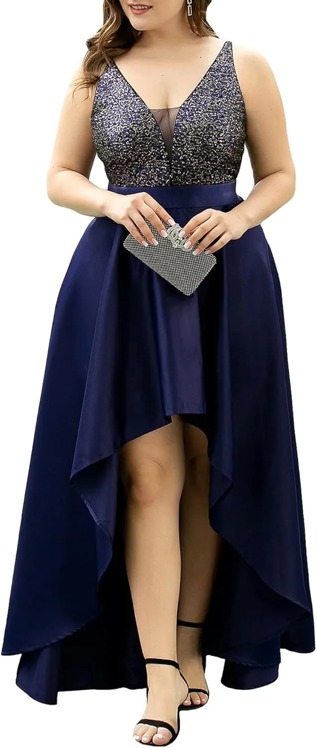 Ever-Pretty Women's Plus Size Sequin V-Neck High-Low A-line Evening Dress Prom Gowns 0667-PZUSA