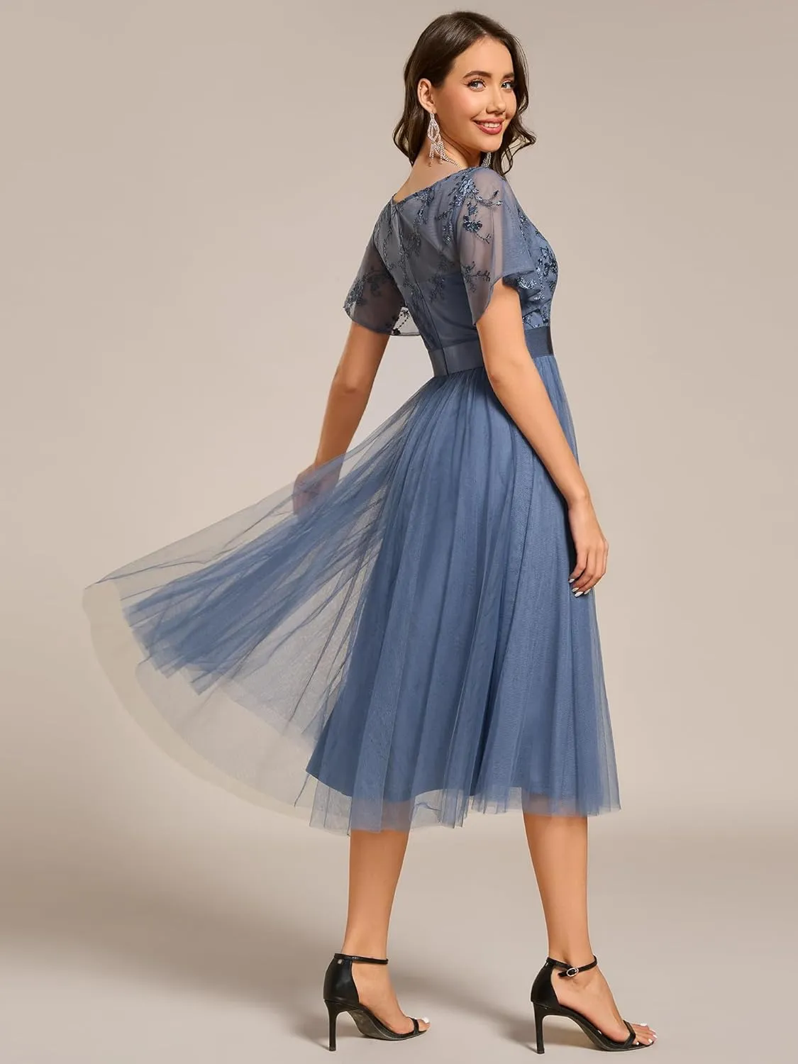 Ever-Pretty Women's Round Neck Lace Embroidered Short Sleeve A Line Tea-Length Cocktail Dress 02293