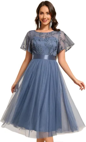 Ever-Pretty Women's Round Neck Lace Embroidered Short Sleeve A Line Tea-Length Cocktail Dress 02293