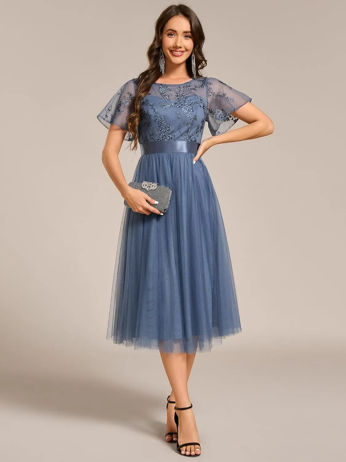Ever-Pretty Women's Round Neck Lace Embroidered Short Sleeve A Line Tea-Length Cocktail Dress 02293