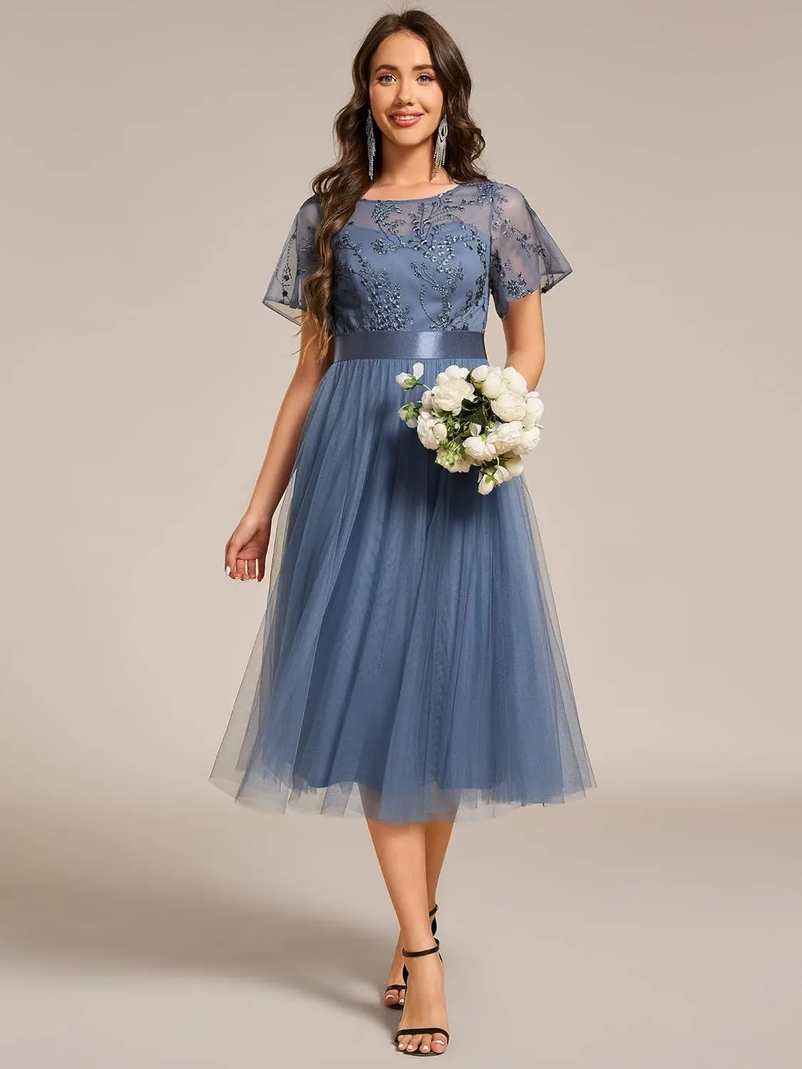 Ever-Pretty Women's Round Neck Lace Embroidered Short Sleeve A Line Tea-Length Cocktail Dress 02293