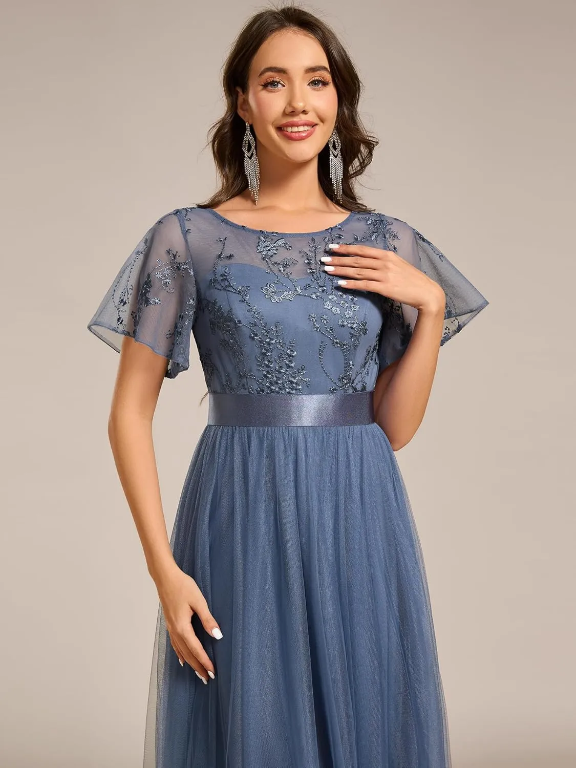 Ever-Pretty Women's Round Neck Lace Embroidered Short Sleeve A Line Tea-Length Cocktail Dress 02293