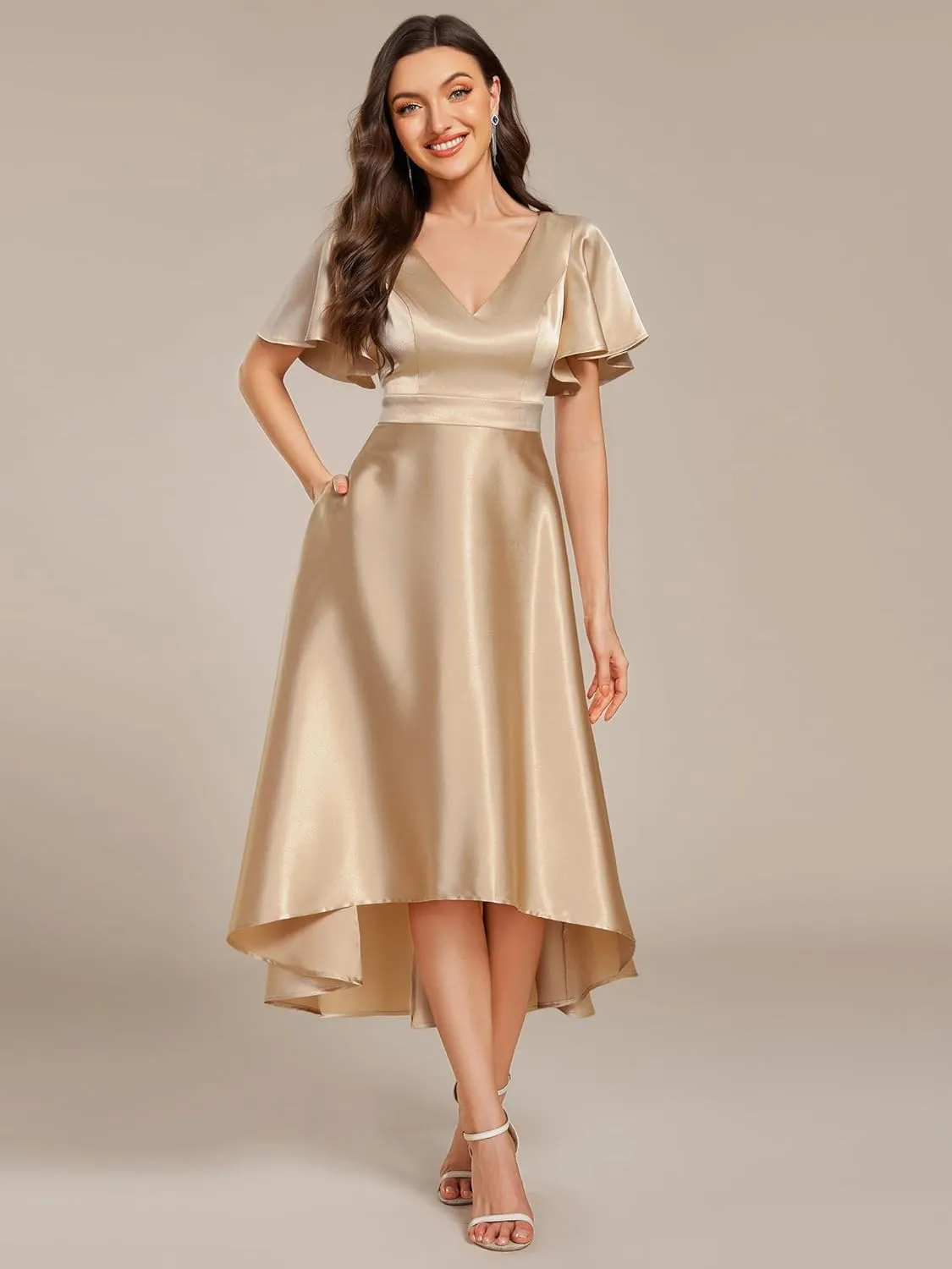 Ever-Pretty Women's Satin Short Ruffles Sleeves A Line Empire Waist Wedding Guest Dress with Pockets 02335