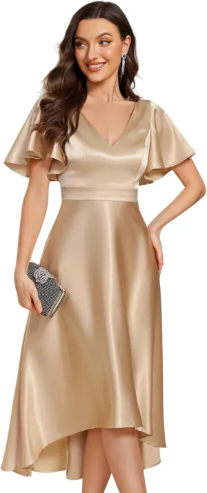 Ever-Pretty Women's Satin Short Ruffles Sleeves A Line Empire Waist Wedding Guest Dress with Pockets 02335