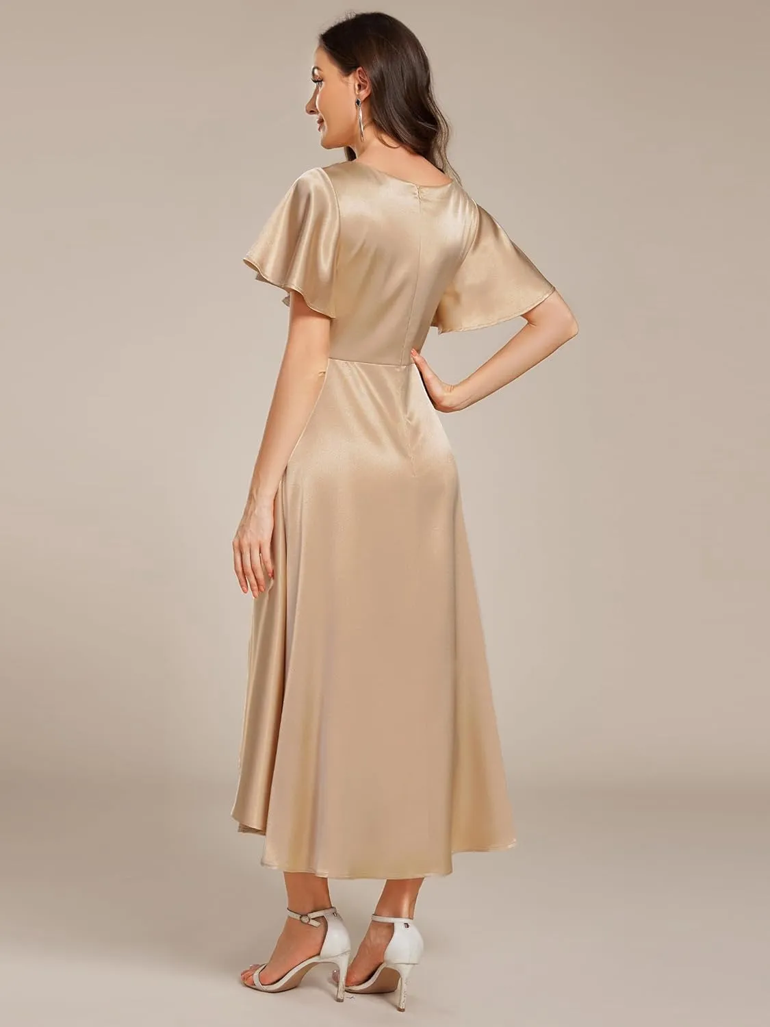 Ever-Pretty Women's Satin Short Ruffles Sleeves A Line Empire Waist Wedding Guest Dress with Pockets 02335