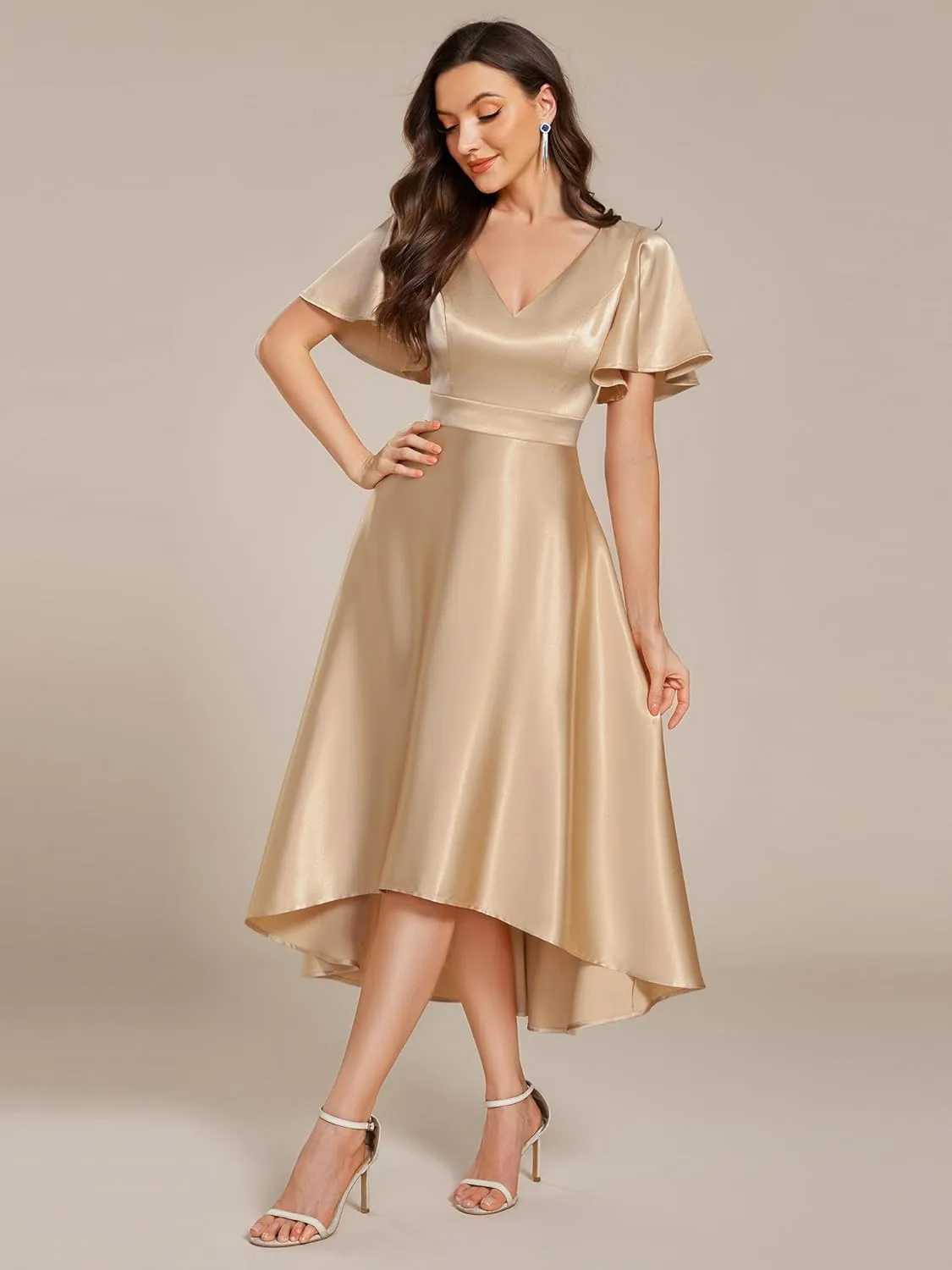 Ever-Pretty Women's Satin Short Ruffles Sleeves A Line Empire Waist Wedding Guest Dress with Pockets 02335