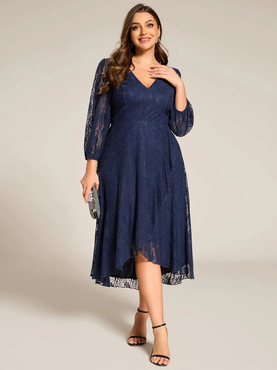 Ever-Pretty Women's V Neck Lace Fall Winter Formal Dresses Plus Size Midi Wedding Guest Dresses with Lantern Sleeves 02238-DA