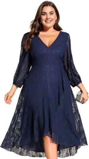 Ever-Pretty Women's V Neck Lace Fall Winter Formal Dresses Plus Size Midi Wedding Guest Dresses with Lantern Sleeves 02238-DA