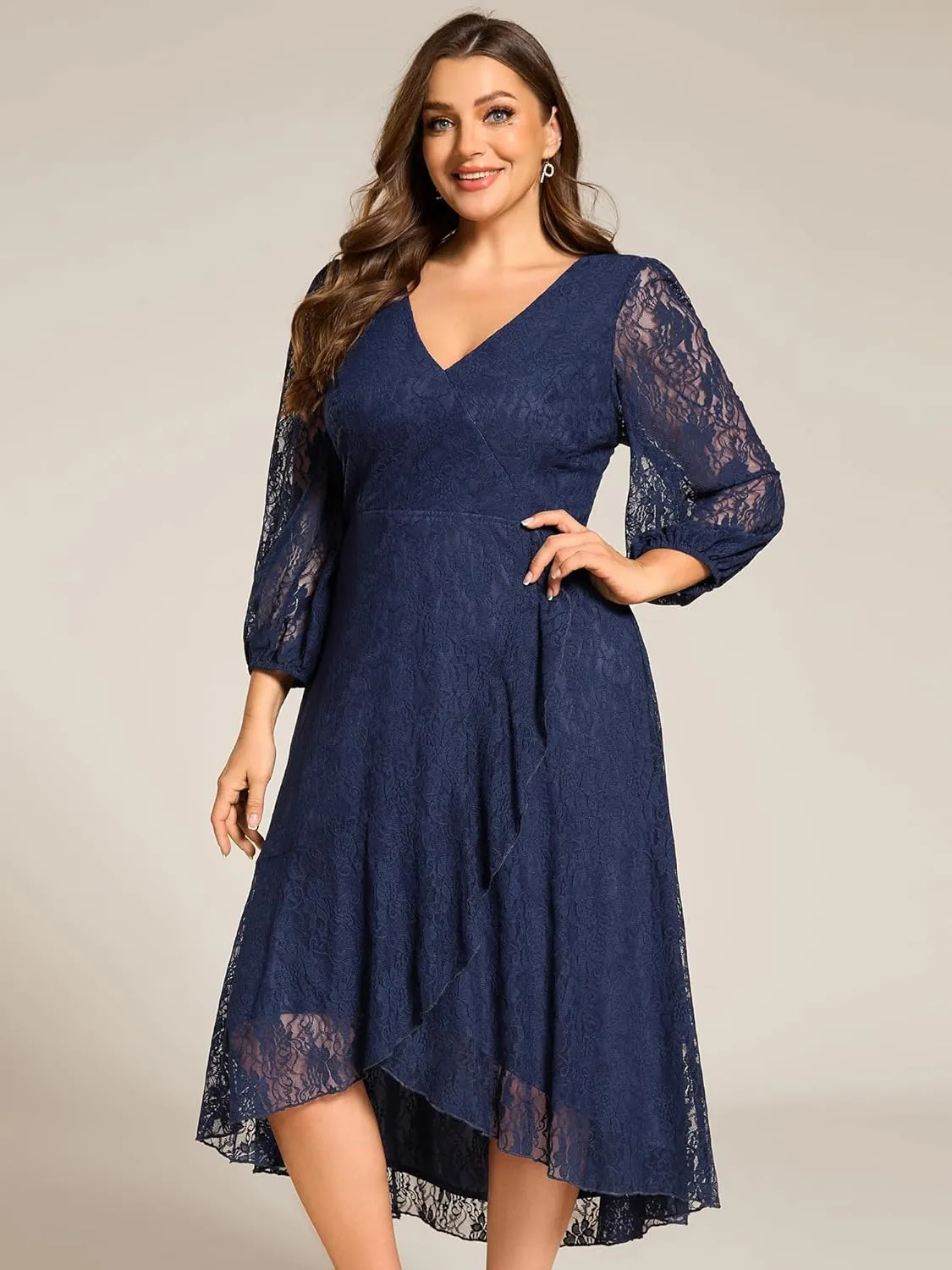 Ever-Pretty Women's V Neck Lace Fall Winter Formal Dresses Plus Size Midi Wedding Guest Dresses with Lantern Sleeves 02238-DA