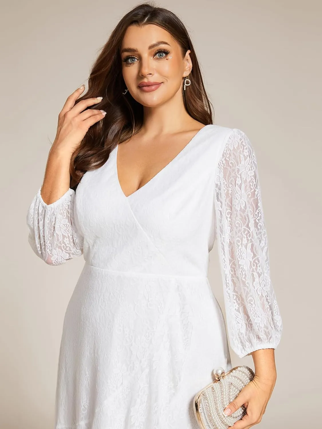 Ever-Pretty Women's V Neck Lace Fall Winter Formal Dresses Plus Size Midi Wedding Guest Dresses with Lantern Sleeves 02238-DA