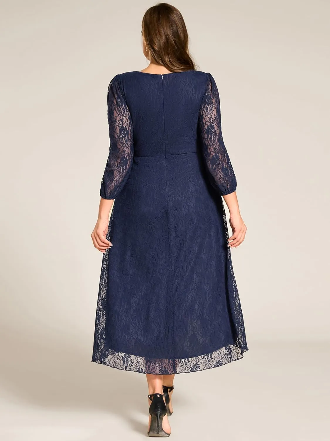Ever-Pretty Women's V Neck Lace Fall Winter Formal Dresses Plus Size Midi Wedding Guest Dresses with Lantern Sleeves 02238-DA