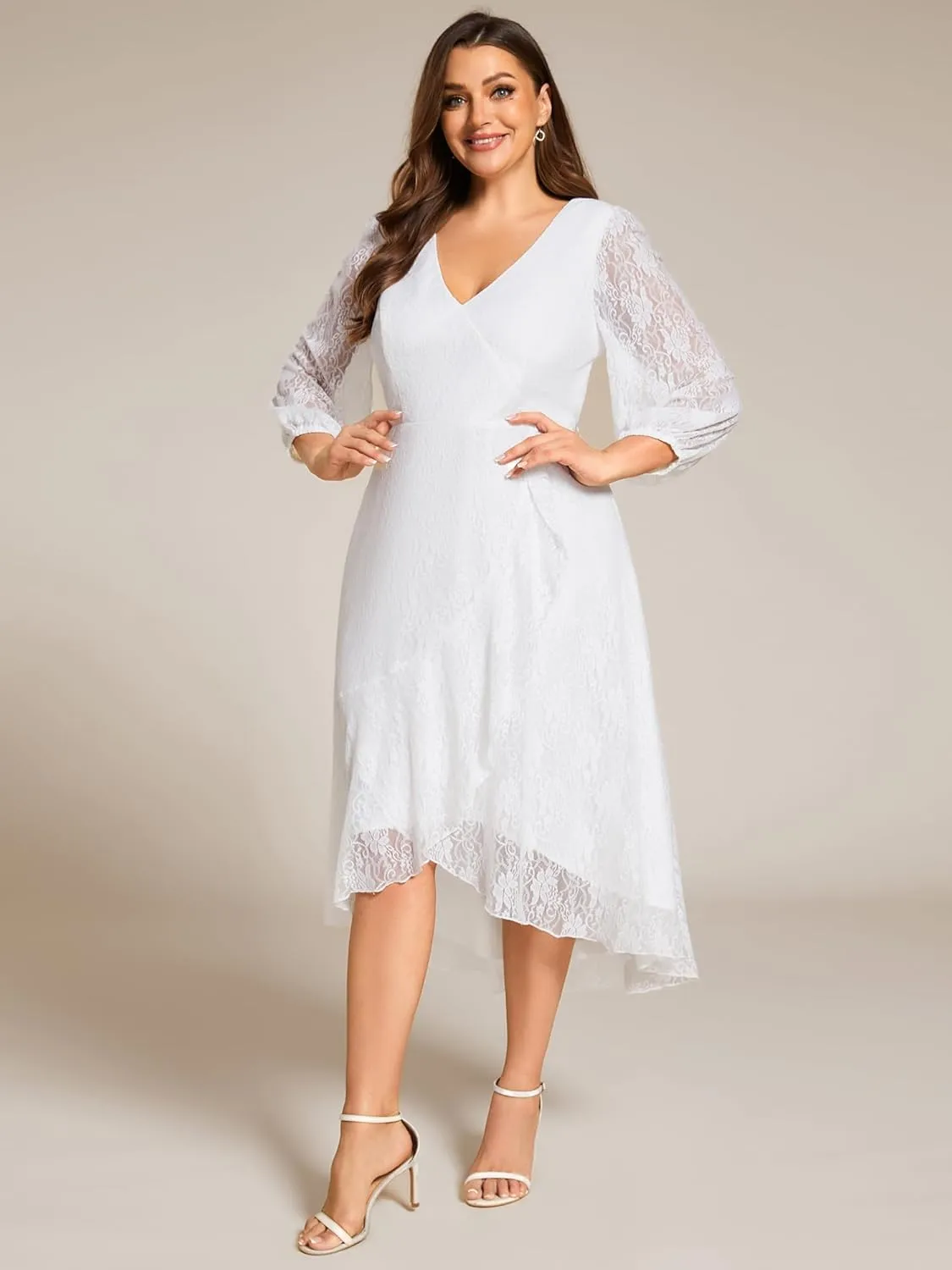 Ever-Pretty Women's V Neck Lace Fall Winter Formal Dresses Plus Size Midi Wedding Guest Dresses with Lantern Sleeves 02238-DA