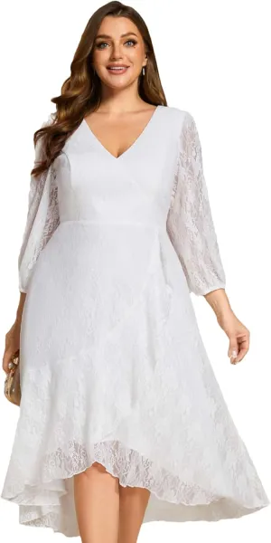 Ever-Pretty Women's V Neck Lace Fall Winter Formal Dresses Plus Size Midi Wedding Guest Dresses with Lantern Sleeves 02238-DA
