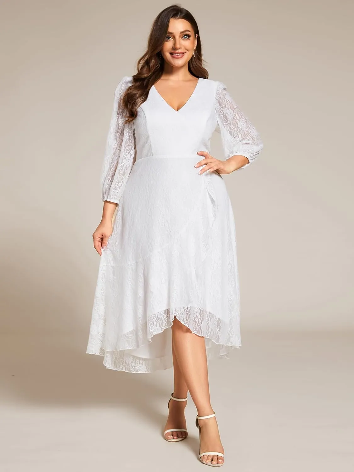 Ever-Pretty Women's V Neck Lace Fall Winter Formal Dresses Plus Size Midi Wedding Guest Dresses with Lantern Sleeves 02238-DA