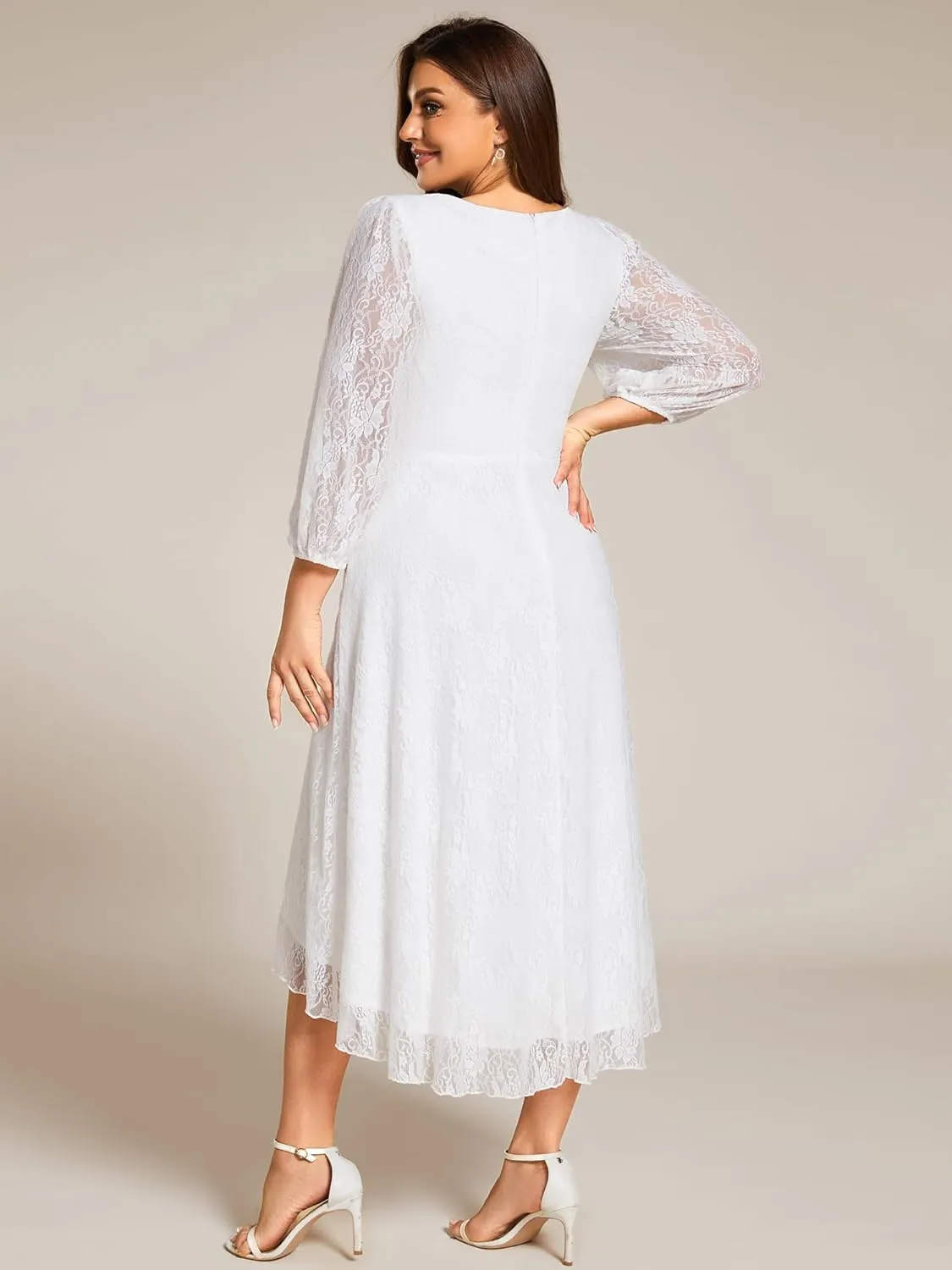 Ever-Pretty Women's V Neck Lace Fall Winter Formal Dresses Plus Size Midi Wedding Guest Dresses with Lantern Sleeves 02238-DA