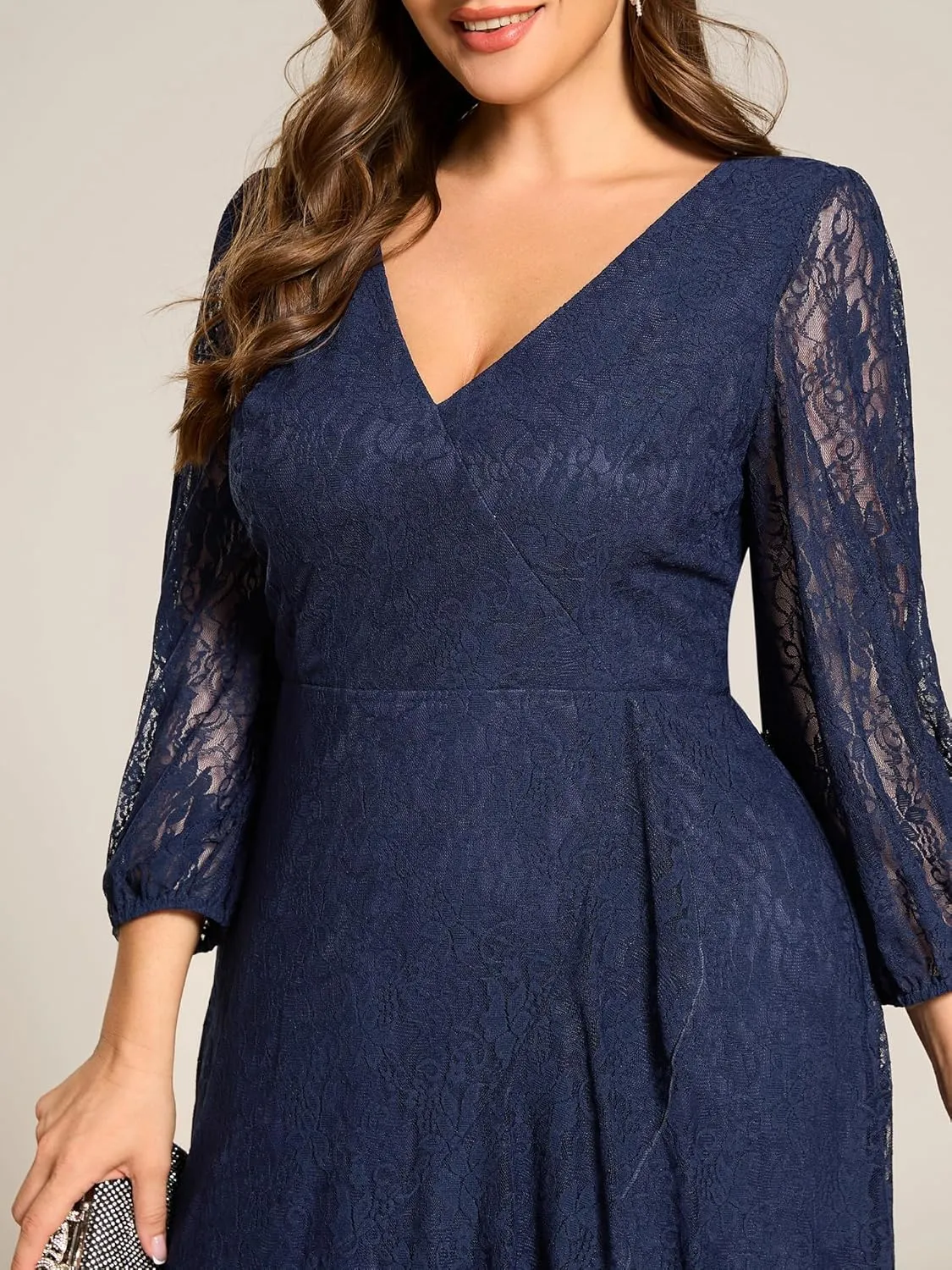 Ever-Pretty Women's V Neck Lace Fall Winter Formal Dresses Plus Size Midi Wedding Guest Dresses with Lantern Sleeves 02238-DA