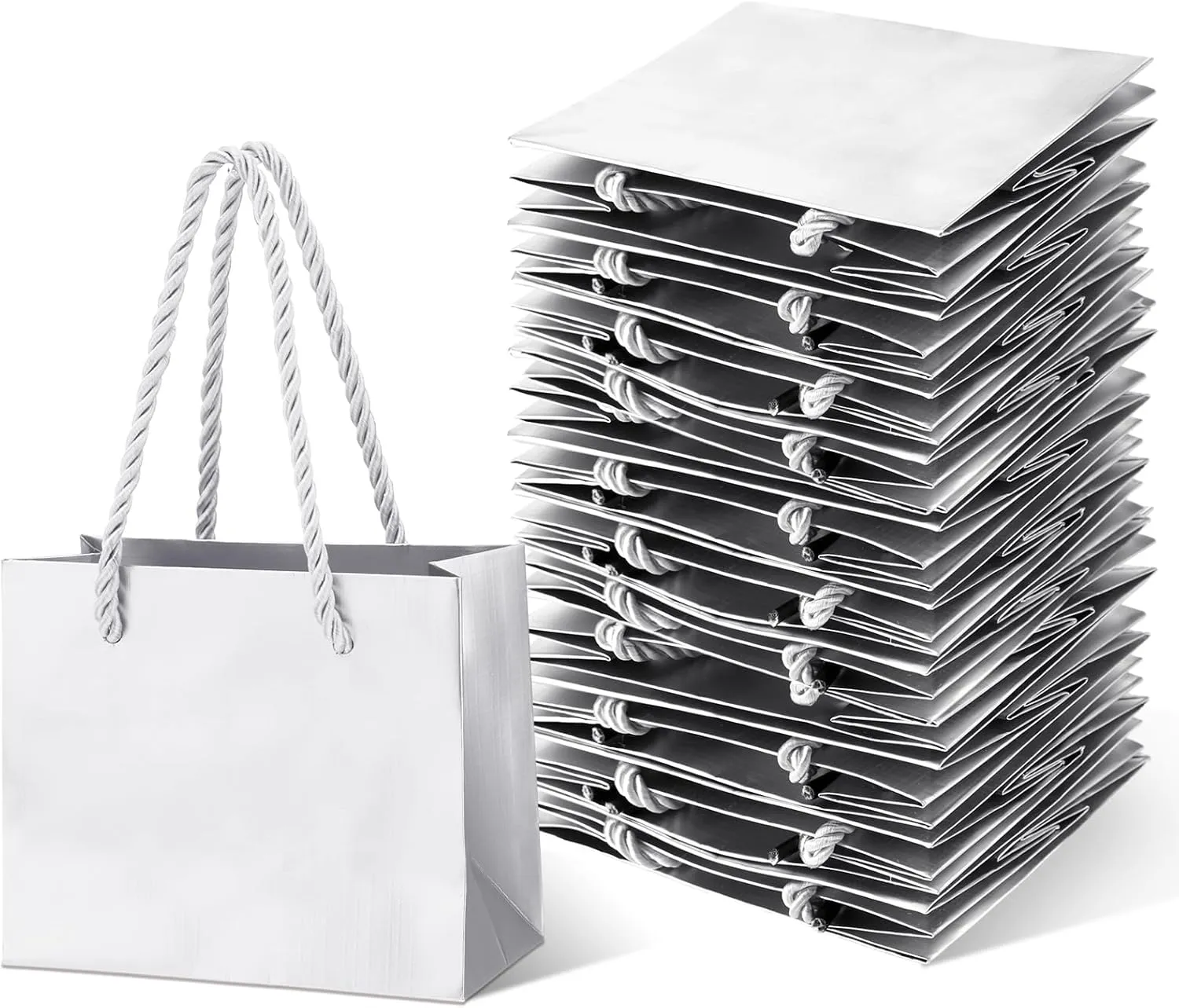 Fainne 24 Pcs Extra Small Gift Bag Mini Gift Bags with Handle for Card Wedding Baby Shower Mother Favor Birthday Party Wrapping Supplies(4 x 5 x 2 Inch,Silver)