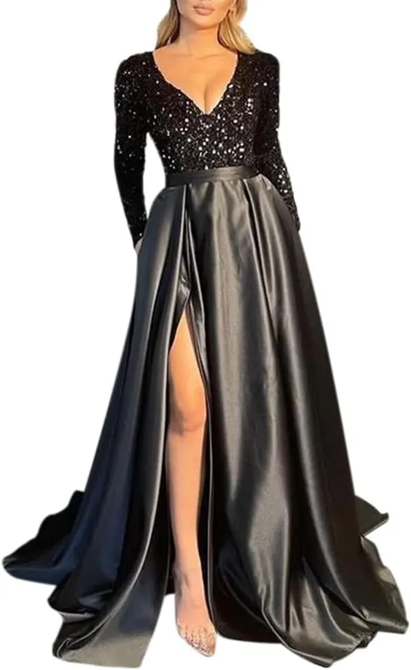 Fanciest V Neck Long Sleeve Prom Dresses with Slit Sequin Satin Formal Evening Gowns