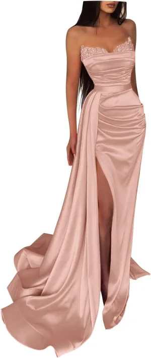 Fanciest Women's Beaded Mermaid Prom Dresses 2025 Satin Ball Gown Long Formal Evening Gowns with Slit