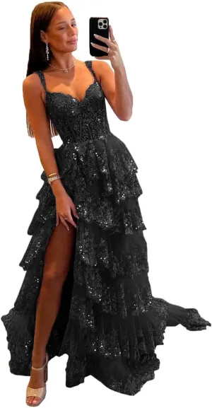 Fanciest Women's Sparkly Off Shoulder Lace Appliques Prom Dresses 2025 Long Slit Formal Dress Ball Gown Tiered Evening Gowns