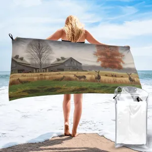Farm with Deer Premium Compact Microfiber Travel Towel-Featherlight & Quick Dry,Sand-Resistant Beach Towel for Swimming,Camping,Vacation Essentials with Carry Pouch