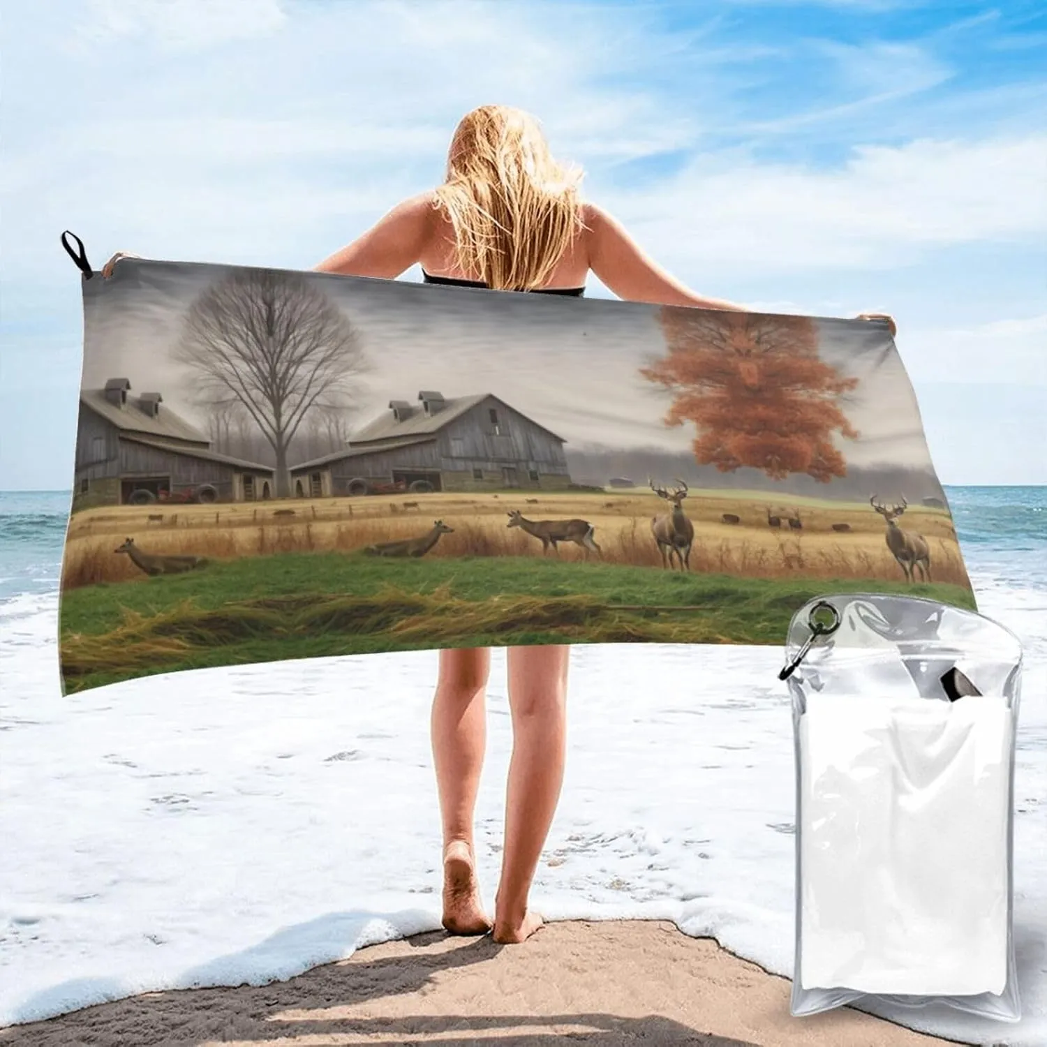 Farm with Deer Premium Compact Microfiber Travel Towel-Featherlight & Quick Dry,Sand-Resistant Beach Towel for Swimming,Camping,Vacation Essentials with Carry Pouch