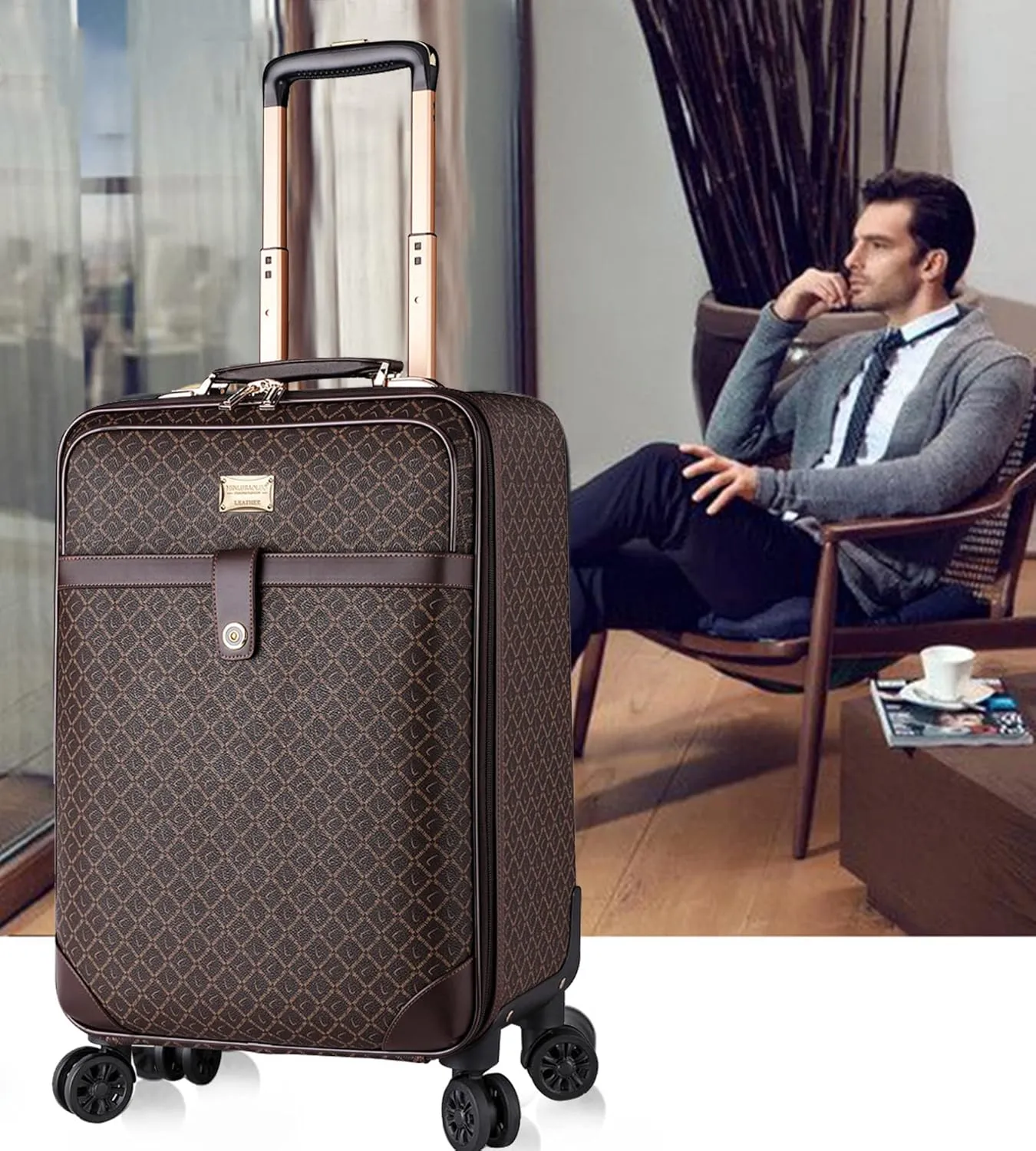 feilario 2Pcs Leather Business Spinner Wheel Luggage Waterproof Carry-On Suitcase with TSA Lock - Capacity 36-55L