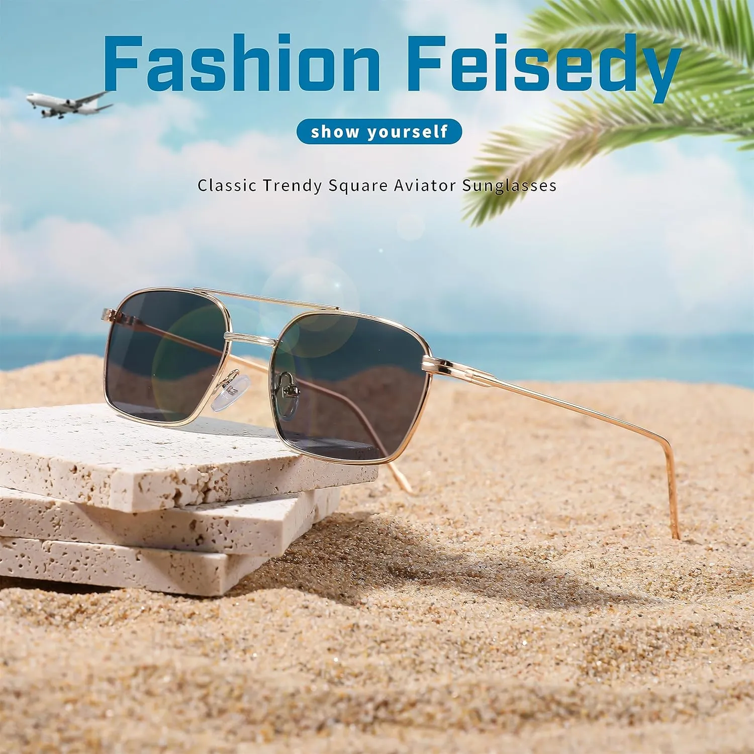 FEISEDY Fashion Square Aviator Sunglasses Women Men Trendy Retro Metal Frame Sun Glasses Candy Color Lens B1036
