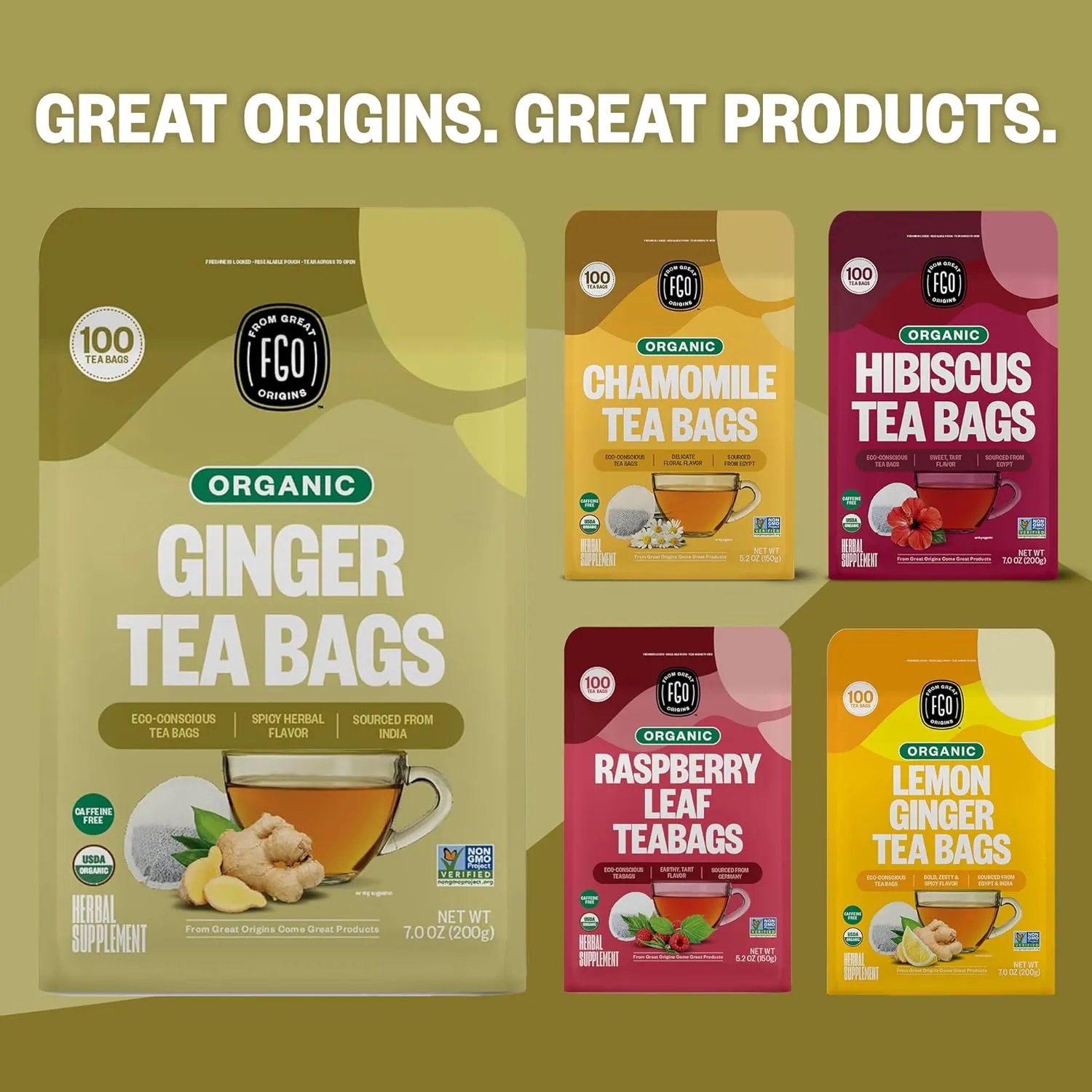FGO Organic Ginger Tea, 100 Count, Eco-Conscious Tea Bags, Caffeine Free, Packaging May Vary (Pack of 1)