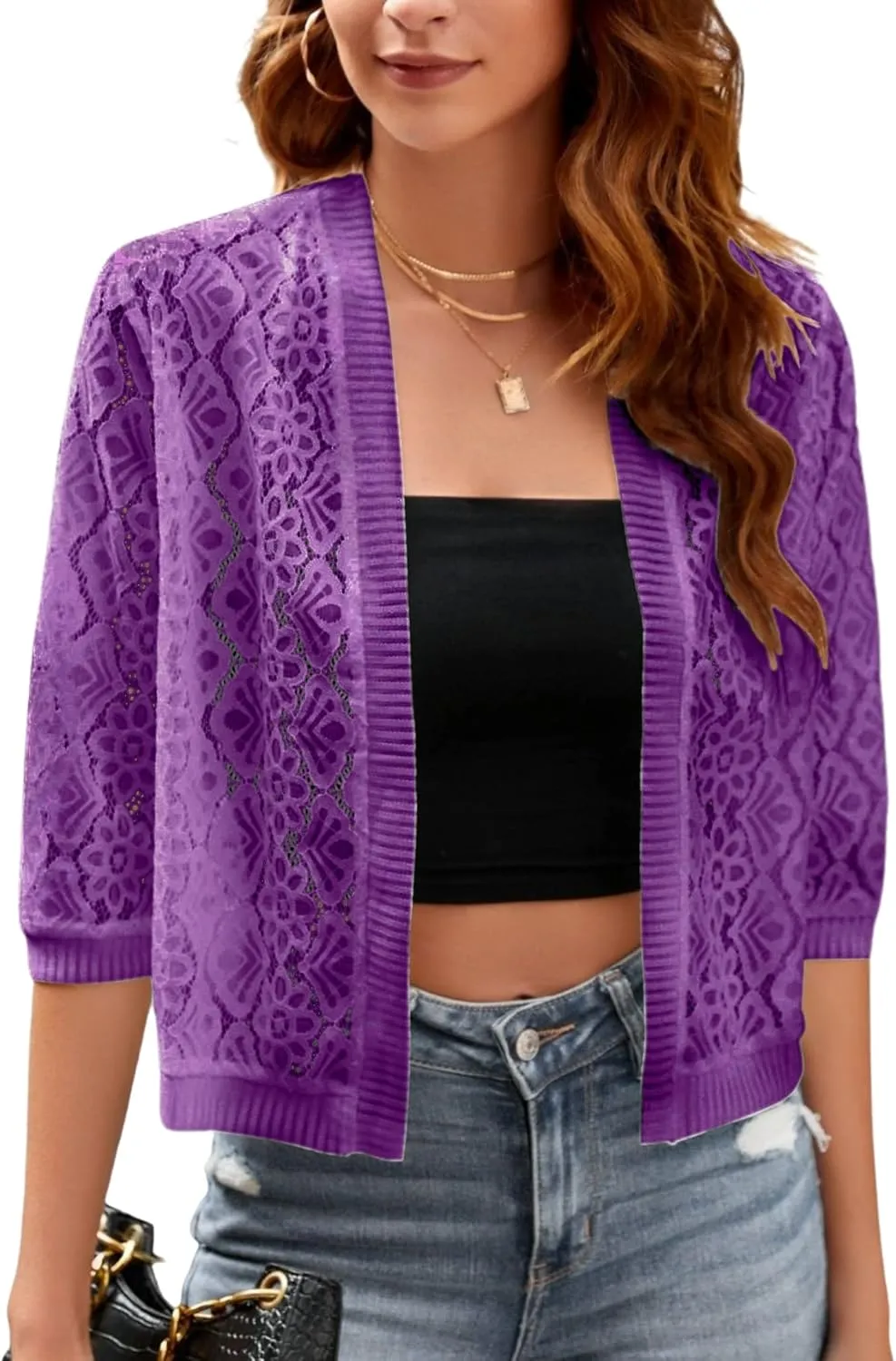 FindThy Women’s Casual Summer Lace Cardigan Open Front 3/4 Sleeve Solid Lace Shrug Cover Up