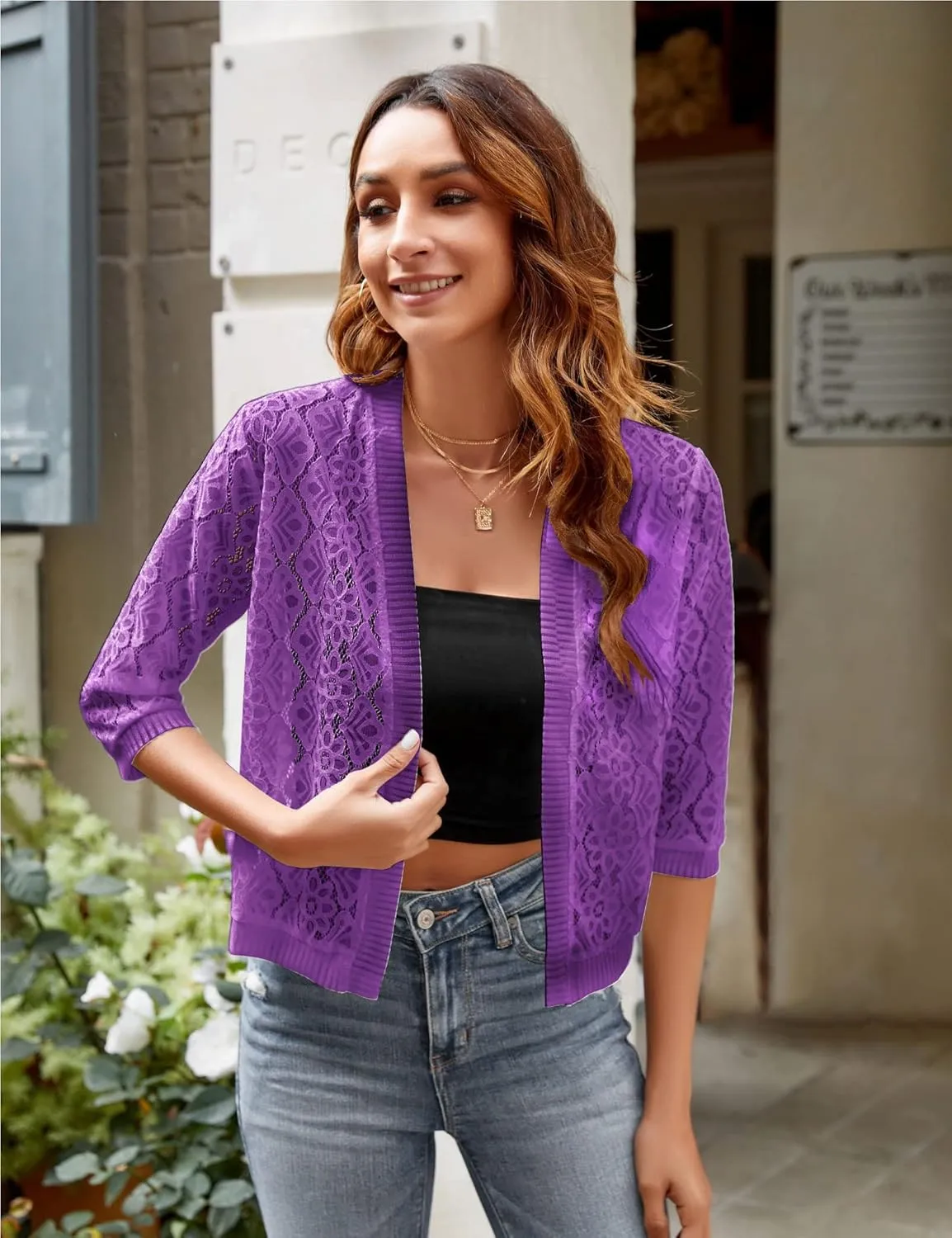 FindThy Women’s Casual Summer Lace Cardigan Open Front 3/4 Sleeve Solid Lace Shrug Cover Up