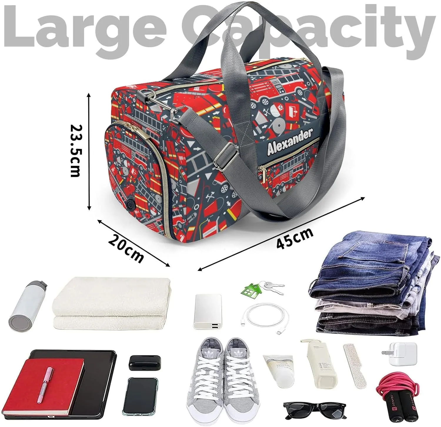 Fire Truck Personalized Kids Duffel Swim Bag for Boys,Customized Swim Duffle Bag for Boys Man Kids Gifts