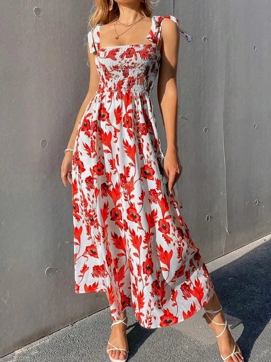 Floerns Women's Floral Print Tie Strap Square Neck Ruffle Boho Maxi Dress