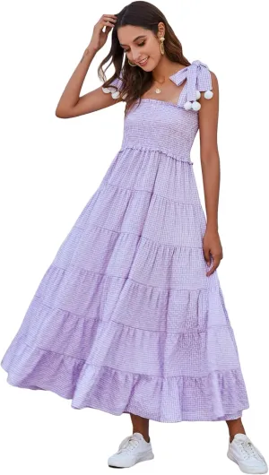 Floerns Women's Floral Print Tie Strap Square Neck Ruffle Boho Maxi Dress