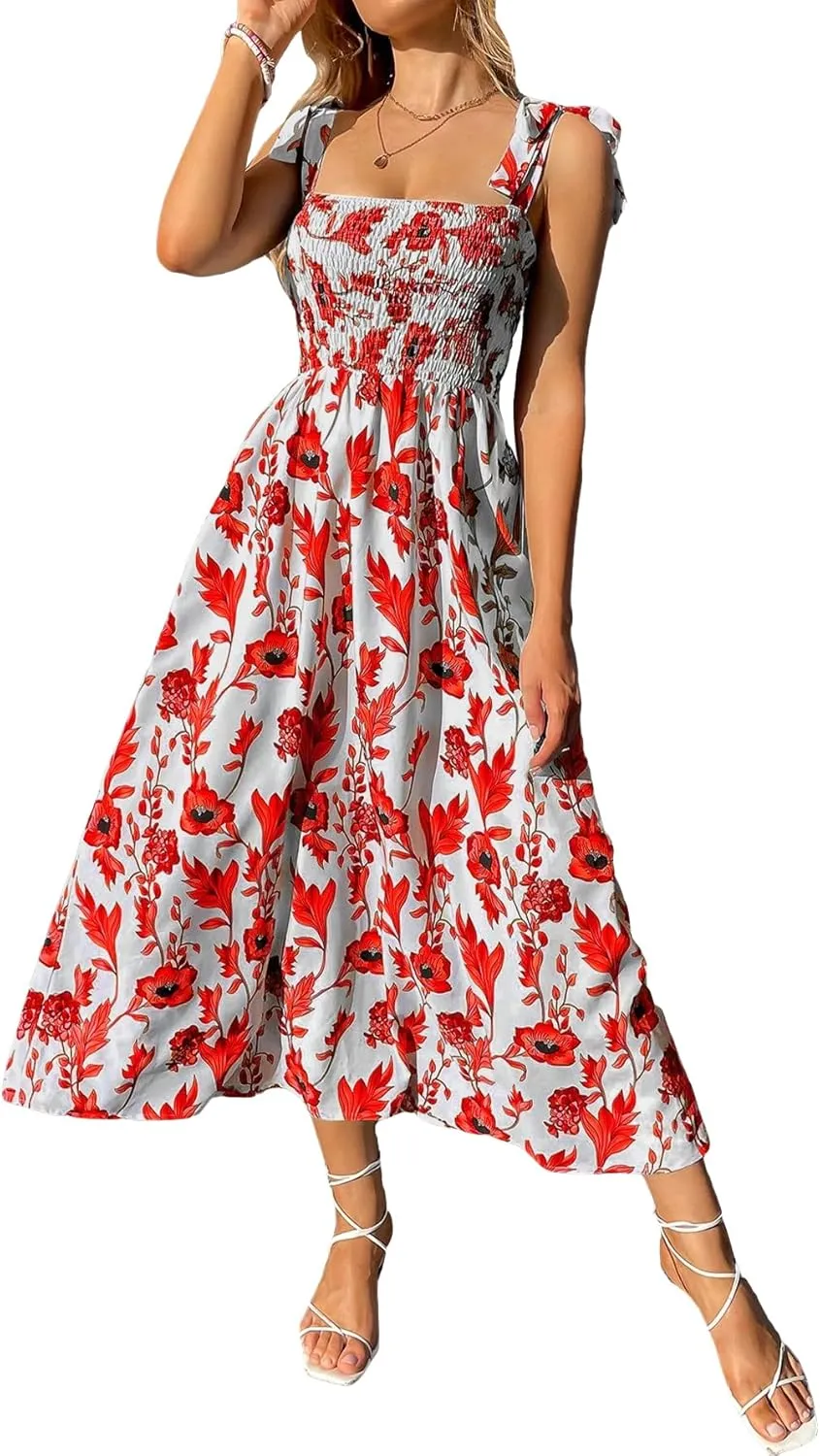 Floerns Women's Floral Print Tie Strap Square Neck Ruffle Boho Maxi Dress