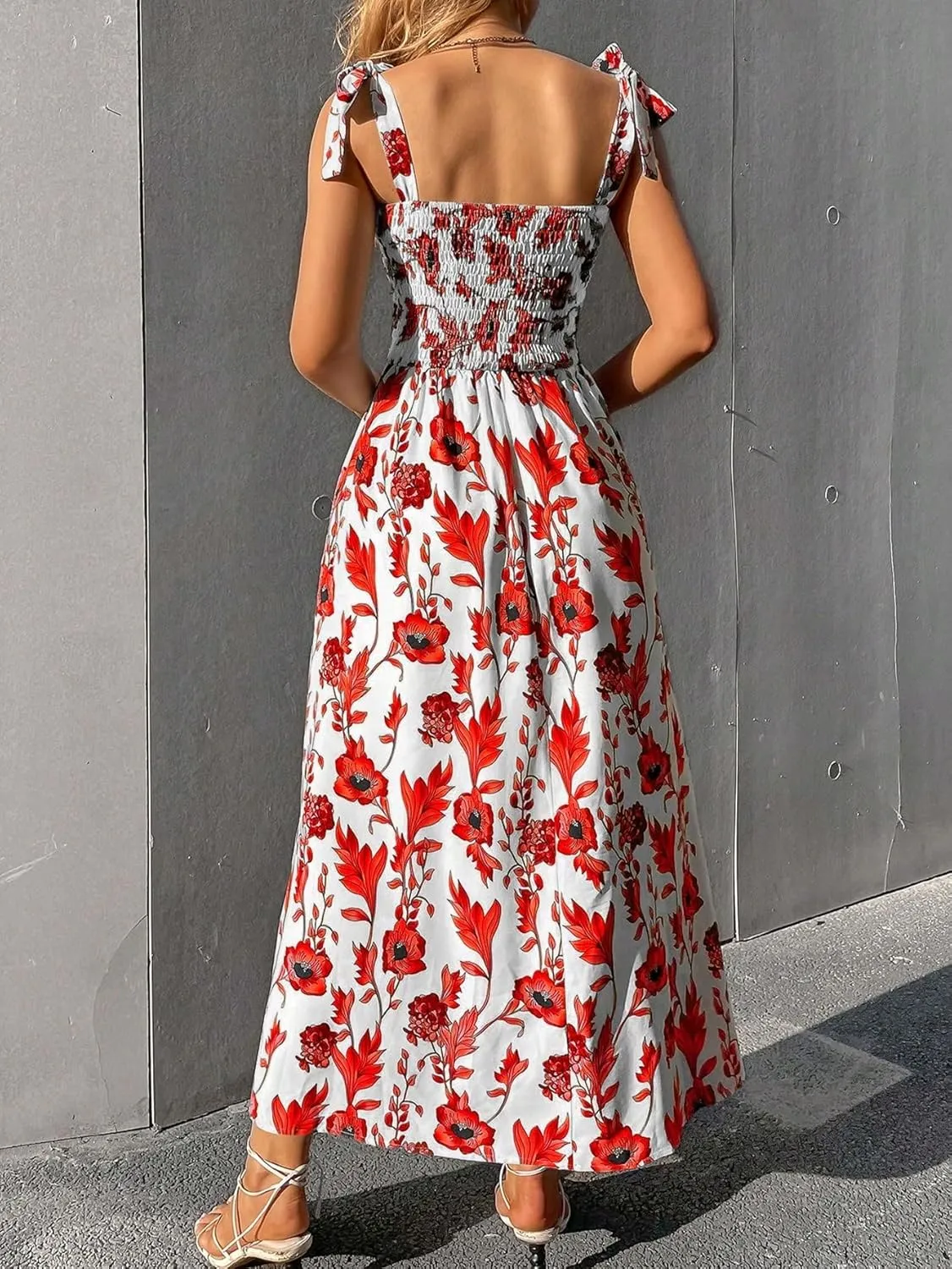 Floerns Women's Floral Print Tie Strap Square Neck Ruffle Boho Maxi Dress