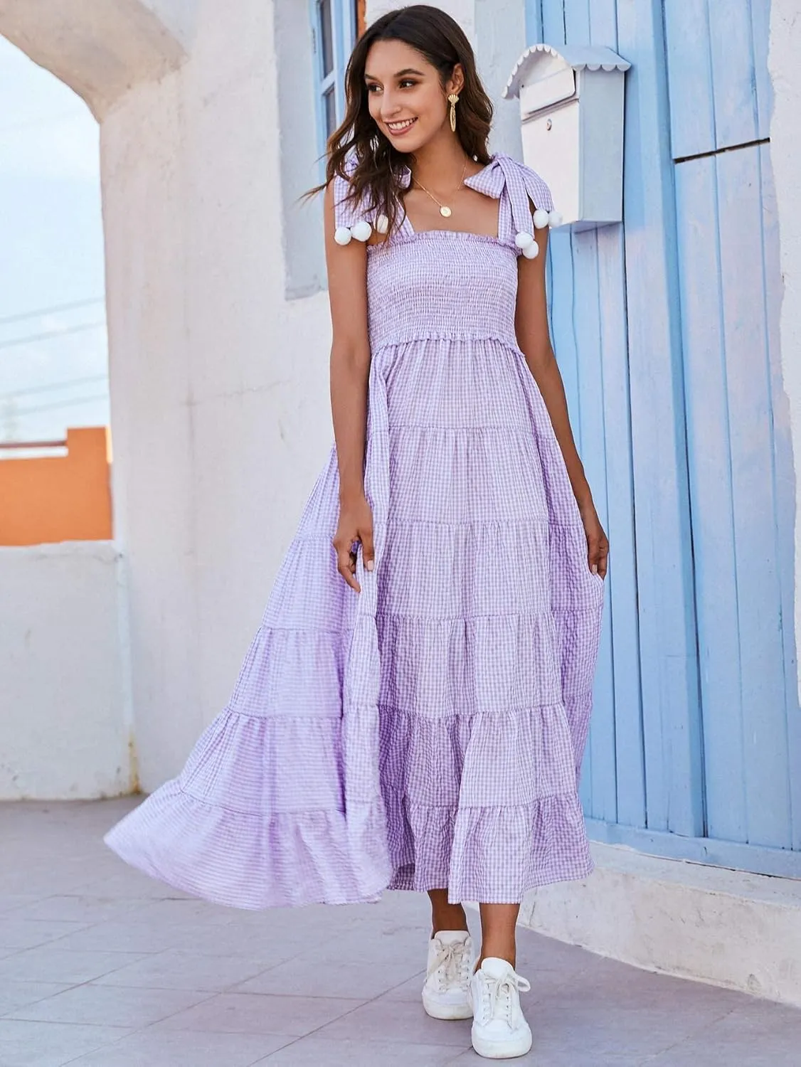 Floerns Women's Floral Print Tie Strap Square Neck Ruffle Boho Maxi Dress
