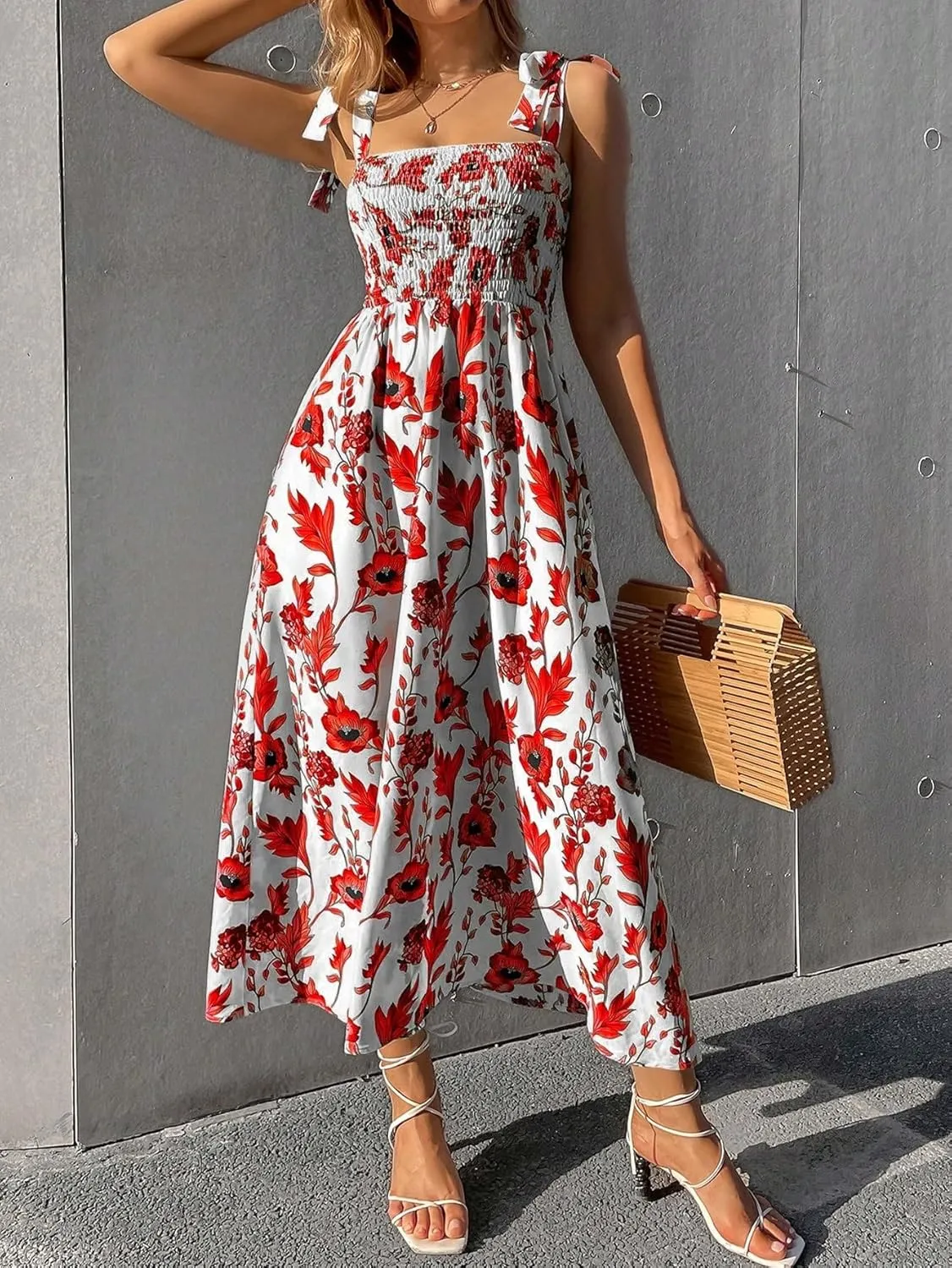 Floerns Women's Floral Print Tie Strap Square Neck Ruffle Boho Maxi Dress