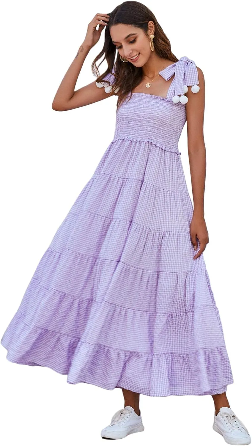 Floerns Women's Floral Print Tie Strap Square Neck Ruffle Boho Maxi Dress