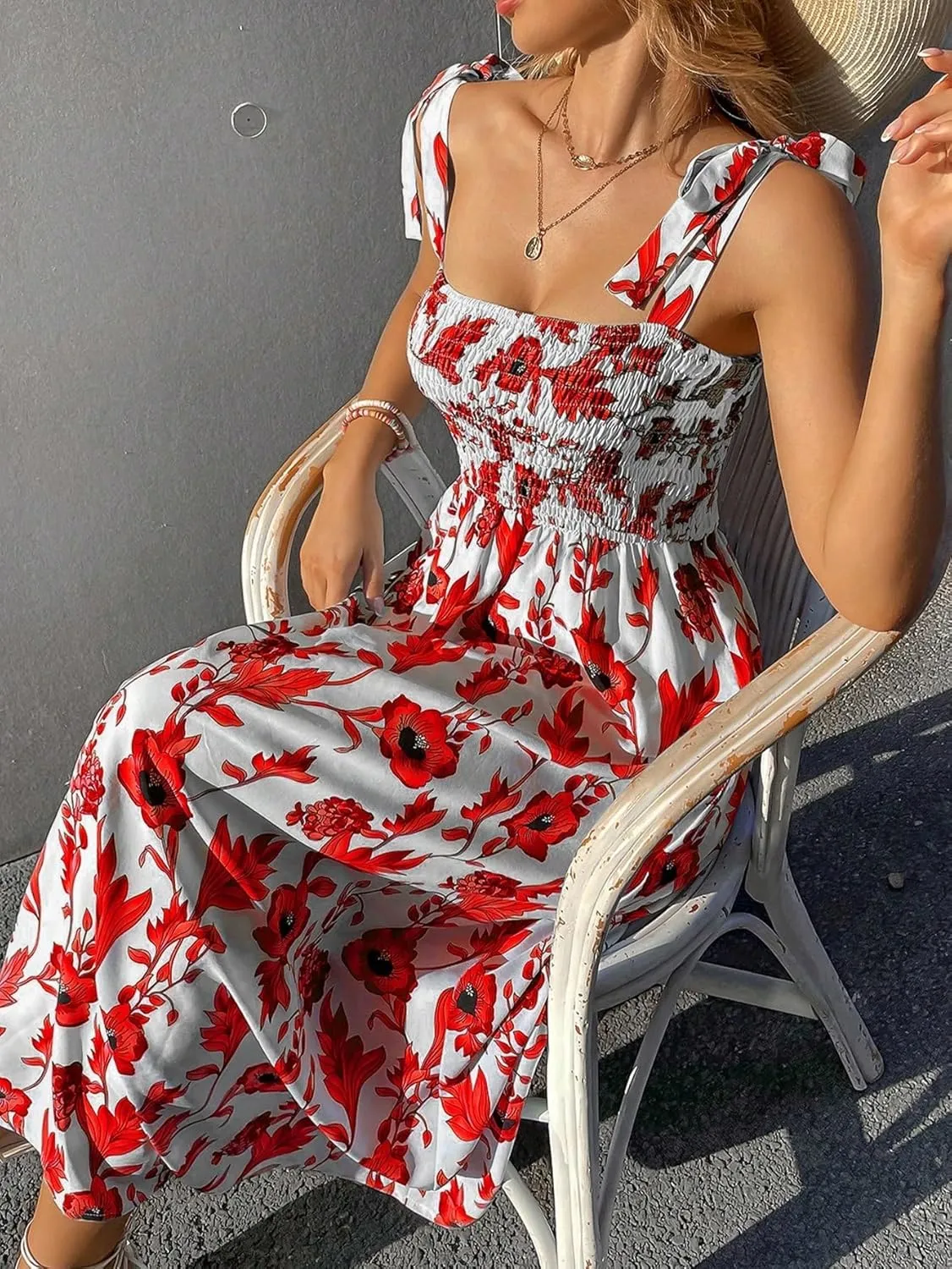 Floerns Women's Floral Print Tie Strap Square Neck Ruffle Boho Maxi Dress