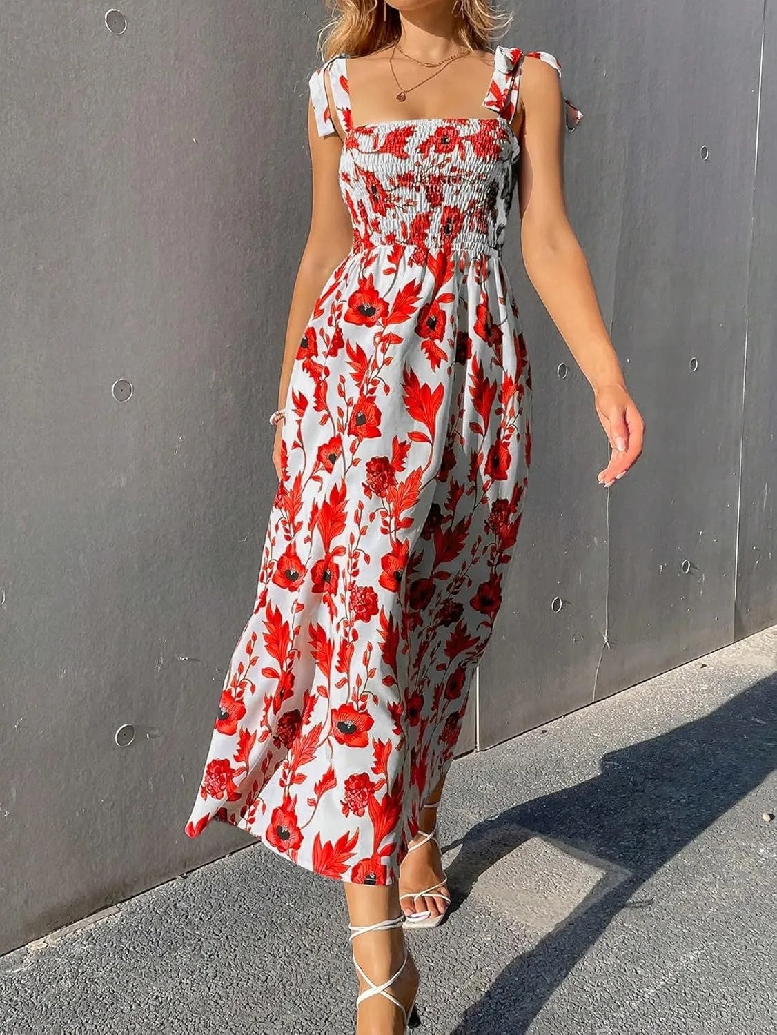 Floerns Women's Floral Print Tie Strap Square Neck Ruffle Boho Maxi Dress