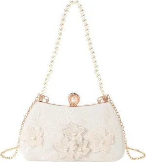 Floral Lace Pearls Top Handle Evening Purse with Detachable Chain Party Handbag Wedding Bridal Shoulder Bag