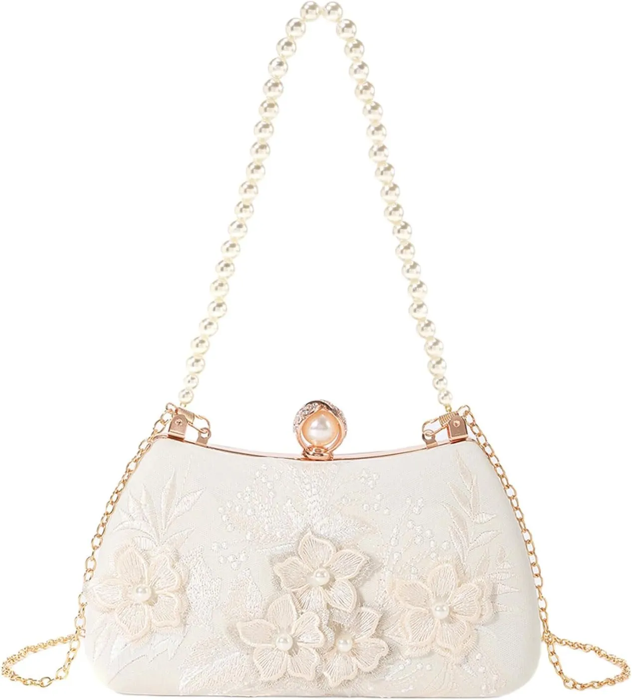 Floral Lace Pearls Top Handle Evening Purse with Detachable Chain Party Handbag Wedding Bridal Shoulder Bag