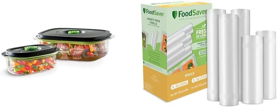 FOODSAVER 2116382 Preserve & Marinate Vacuum -Containers,1-3 cup and 1-10 cup, Clear (Count-2) & Vacuum Sealer Bags, Rolls for Custom Fit Airtight Food Storage and Sous Vide