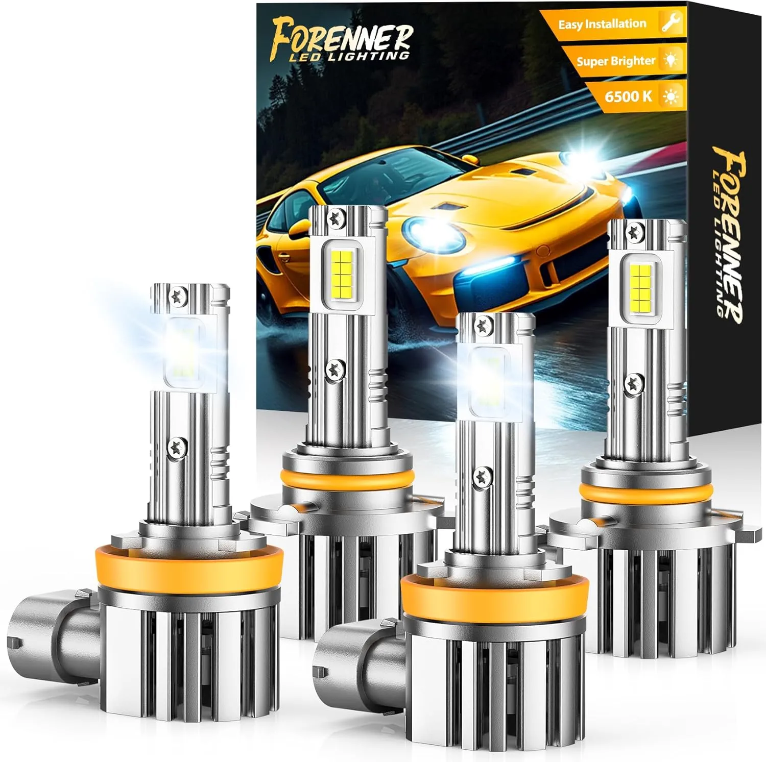 forenner H11 9005 LED Light Bulbs Combo, 120W Super Brightness 1:1 Size Easy Installation H11 9005 Driving Light Bulb, 10-Year Life with Speedy Cooling Fan, IP68 Waterproof, Pack of 4