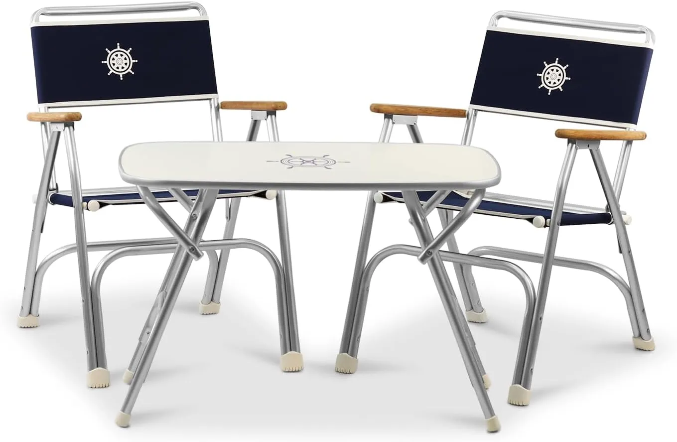 FORMA MARINE Folding Aluminum Navy Blue Boat Chairs Teak Armrests, 3 Piece Bundle Set, 2 M100 Folding Alu.and Melamine Boat Table M250-20''X35''X24''-B100NB250