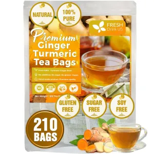 FreshDrinkUS, Premium 210 Ginger Turmeric Tea Bags, 100% Natural Ingredients, Hand-made Blend of Ginger and Turmeric Herbal Tea, Eco-conscious Tea Bags. No Sugar, No Caffeine, No Gluten, Vegan.